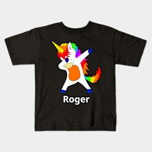 Roger First Name Personalized Dabbing Unicorn Kids T-Shirt